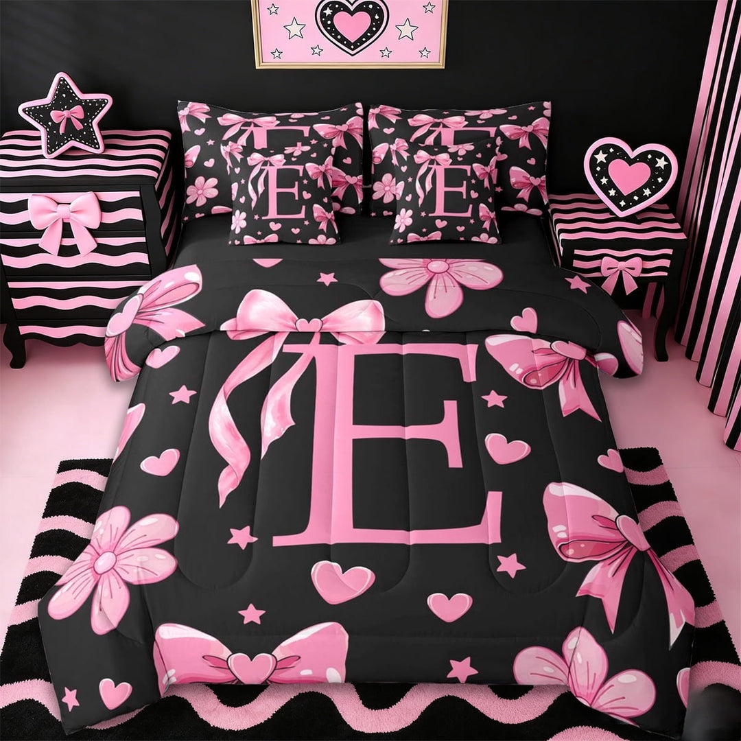 Erosebridal Pink Initial Alphabet E 7-Piece Twin Bedding Sets,Cute Coquette Bows Girls Bedding Comforter Set For Kids,Reversible black