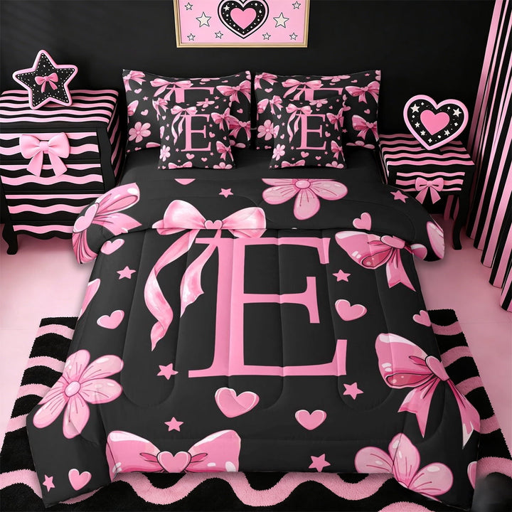 Erosebridal Pink Initial Alphabet E 7-Piece Twin Bedding Sets,Cute Coquette Bows Girls Bedding Comforter Set For Kids,Reversible black