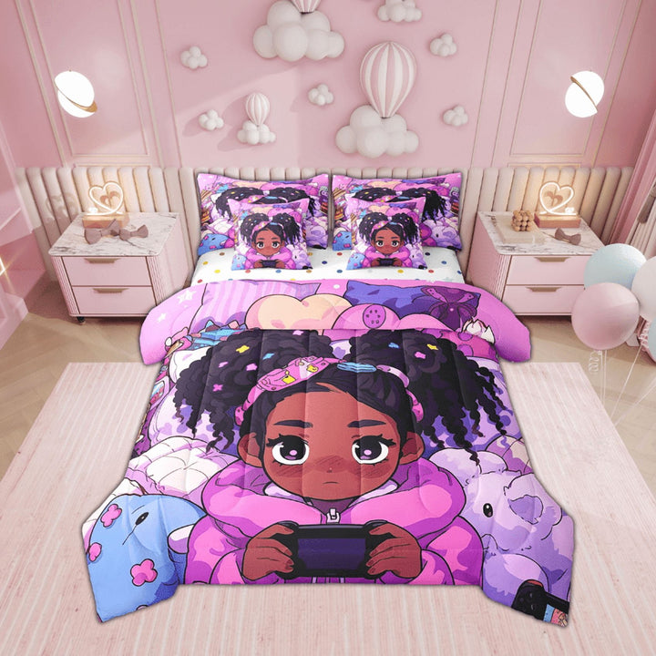 Afro Comforter Set 7 Piece Bed in a Bag Twin,American African Princess Magical Bedding Sets Gamer Black Hair Sheet Set with Comforter
