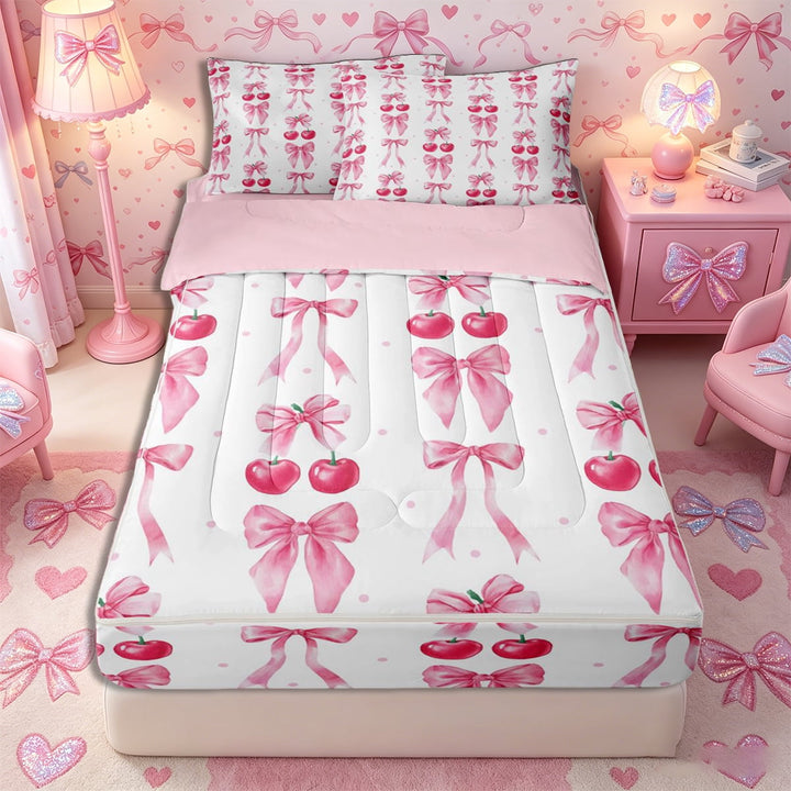 Meiyoeat Cute Ribbon Bow Zipper Full Size Comforter Sets with Fitted Sheet and 2 Pillowcases for Teens, Cartoon Fruit Cherry Zipper Bedding Set for Bedroom, Pink Red White,4pcs,Pink Reversible