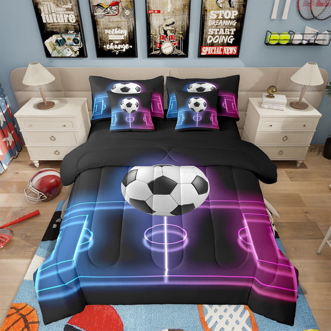 7 Piece Football Twin Bed in a Bag Sports Bedding Sets Teen Football Lover Comforter Set with Sheets Sports Game Themed Bed Set Soccer Game Decor Sheets