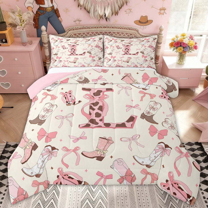 Erosebridal Pink Cowgirl Boot Bow L Letter Full Size Comforter Sets, Western Cow Print Bedding Sets for Girls, Pink Reversible, 3pcs
