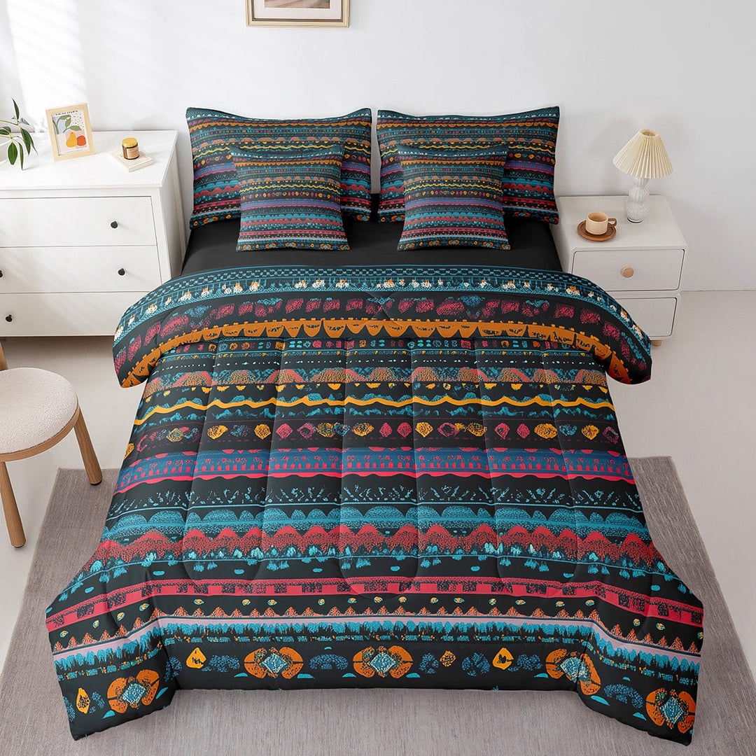 Bohemian 7 Piece Comforter Set Full Bed In A Bag,Boho Bedding Sets Exotic Tribe Striped Sheet Set With Comforter,Tribal Art Bed Set