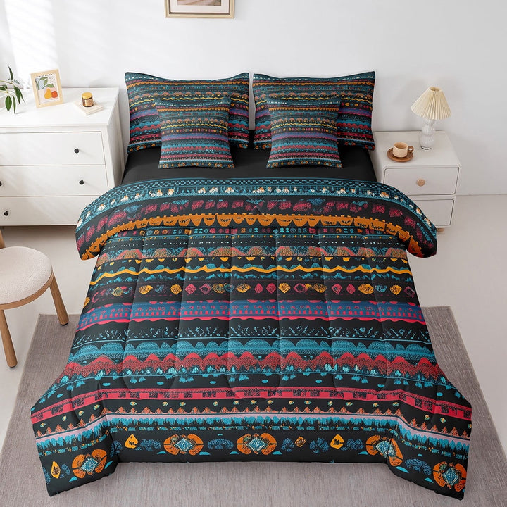 Bohemian 7 Piece Comforter Set Full Bed In A Bag,Boho Bedding Sets Exotic Tribe Striped Sheet Set With Comforter,Tribal Art Bed Set