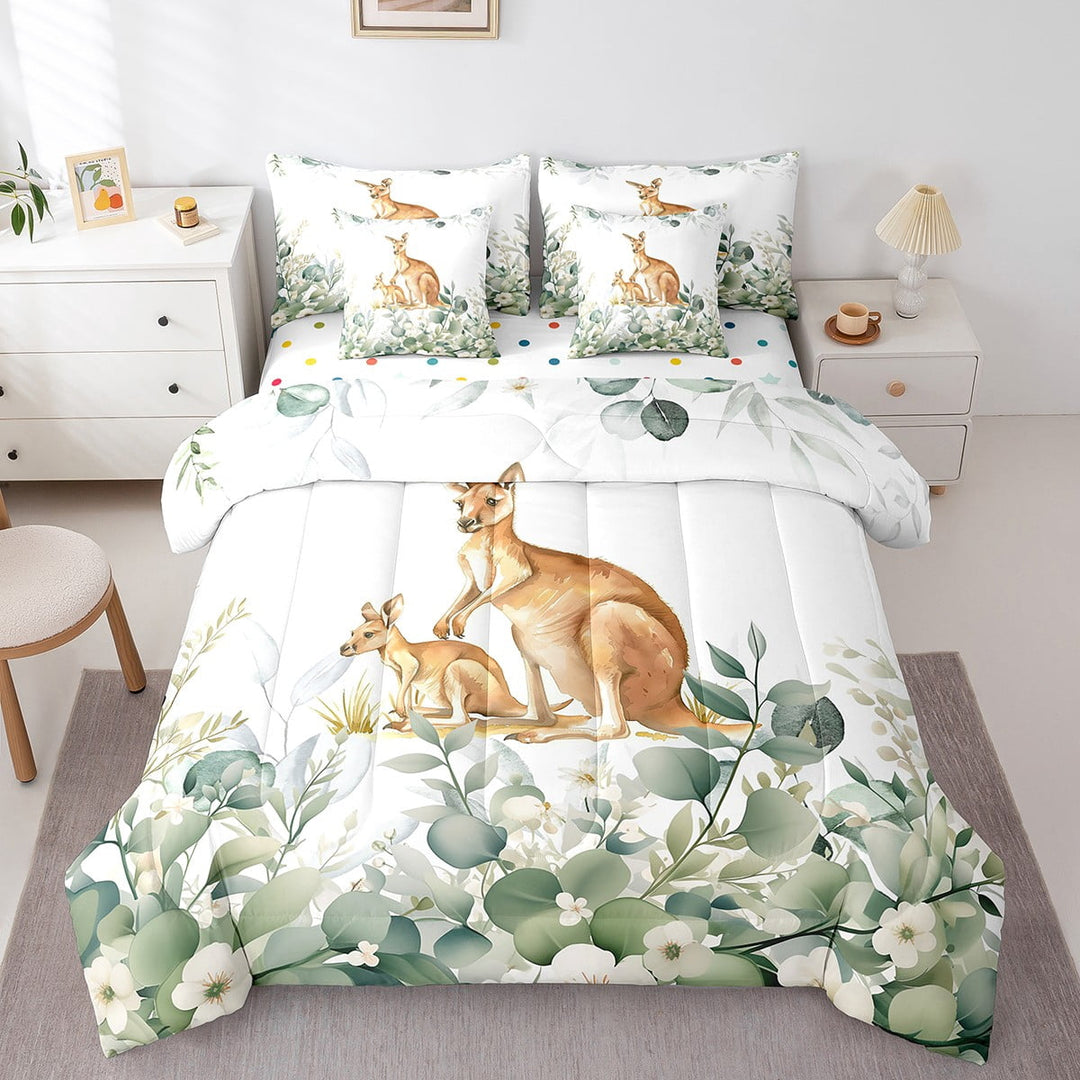 Kawaii Animal Bedding Comforter Sets 7pcs Cute Kangroo Bed in a Bag, Cartoon Wildlife Twin Bedding Sets Green Leaf Comforter Set, Spring Garden Plant Bedding Sets Bedroom Decor