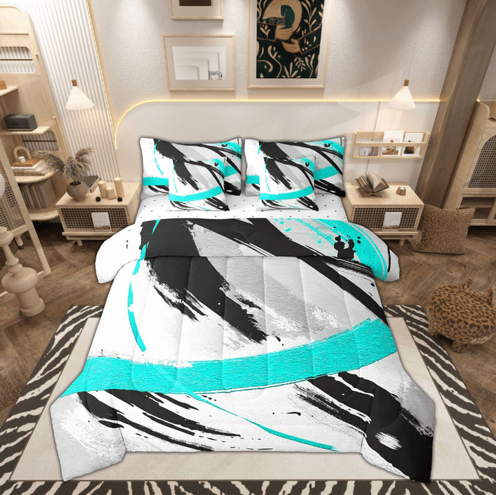 Erosebridal Black Grey Teal Bedding Twin Size 7pcs Brush Strokes Oil Painting Comforter Set, Gradient Abstract Vintage Bedding Comforter Sets Ombre Graffiti Bed in a Bag, Modern Bedding Accessories