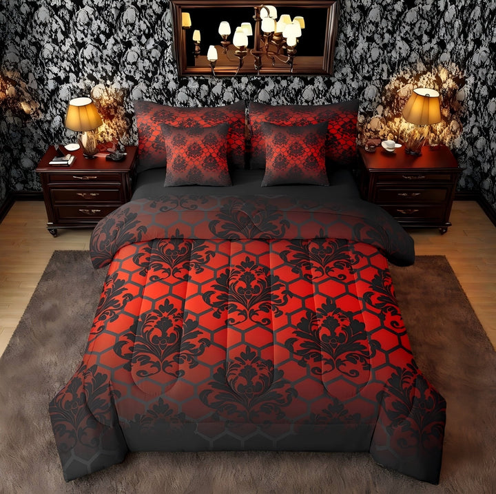 Erosebridal Vintage Boho Damask Bedding Twin Size, Red Bed in a Bag Twin size, Hippie Geometry Decor, Reversible 7-Piece