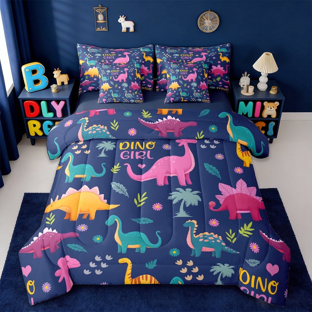 Erosebridal Colorful Dinosaur 7-Piece Twin Bedding Sets,Cartoon Dino Bedding Comforter Set For Boys Kids Reversible