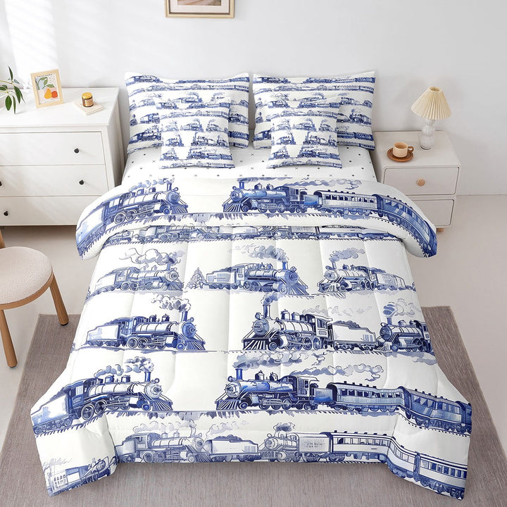 Erosebridal 7 Pieces Train Bedding Set Queen Size, Steam Engine Comforter Set Teens Adult Men Bedroom Decor, Rail Vehicles Bedding Comforter Sets, Railway Track Retro Sheet Set