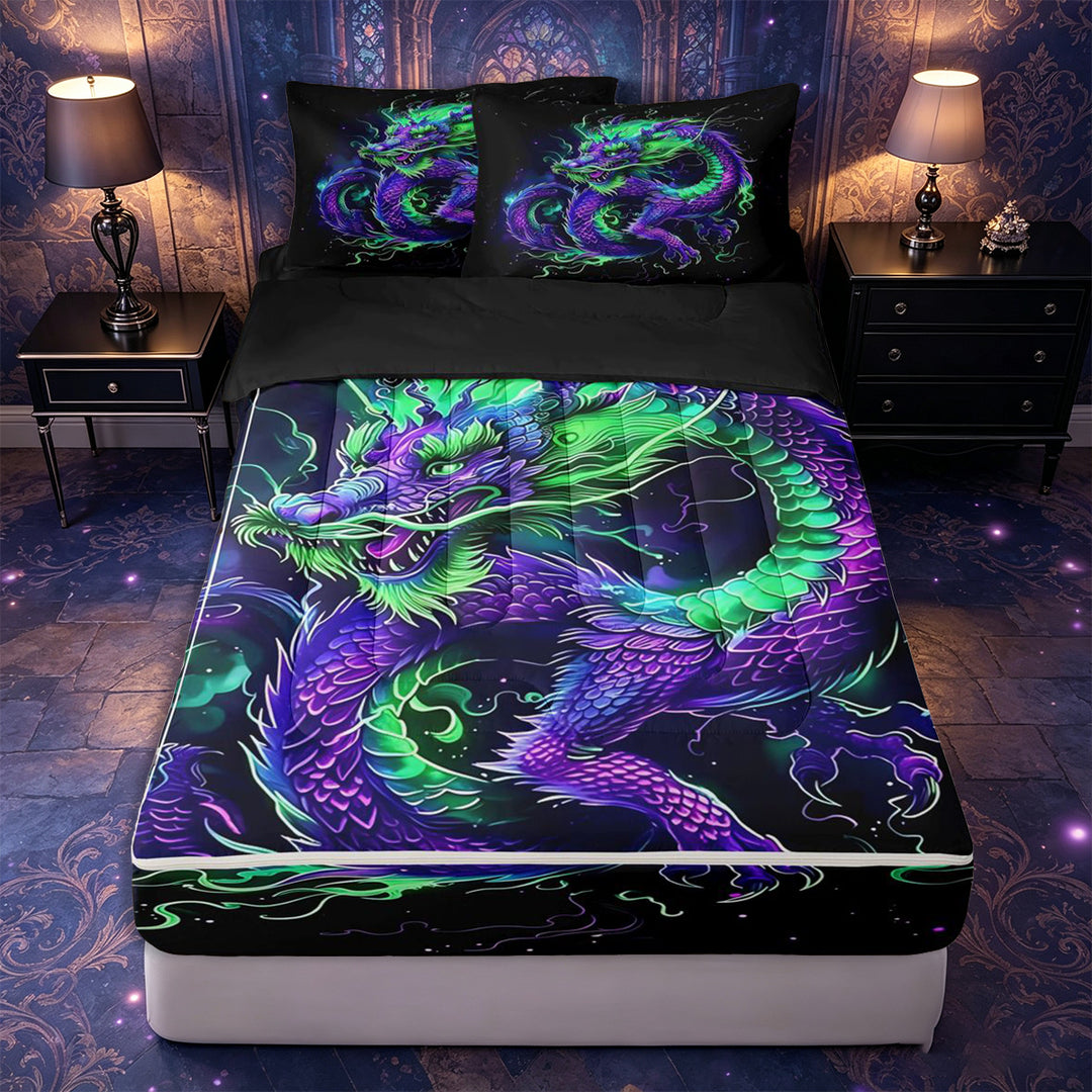 meiyoeat Purple Green Dragon Zipper Twin Comforter Sets with Fitted Sheet and 2 Pillowcases,Exotic Style Zipper Bedding Set,Reversible