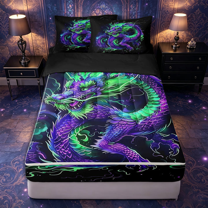 meiyoeat Purple Green Dragon Zipper Twin Comforter Sets with Fitted Sheet and 2 Pillowcases,Exotic Style Zipper Bedding Set,Reversible