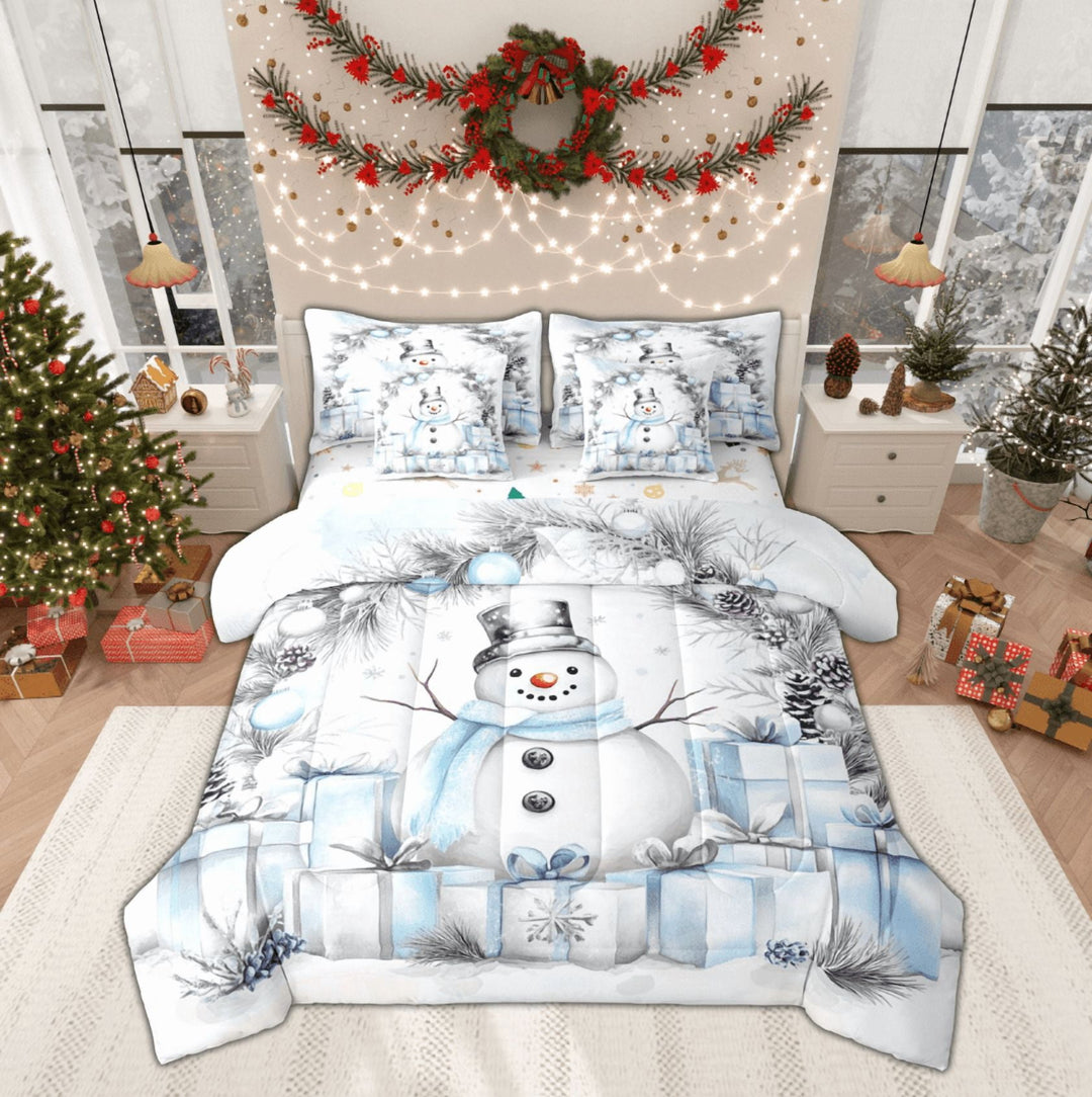 Manfei Winter Blue Snowman Bedding Comforter Set 7pcs, Merry Christmas Queen Bedding Sets, Western Festival Holiday Reversible Queen Sheet Sets, Super Cozy Room Decor