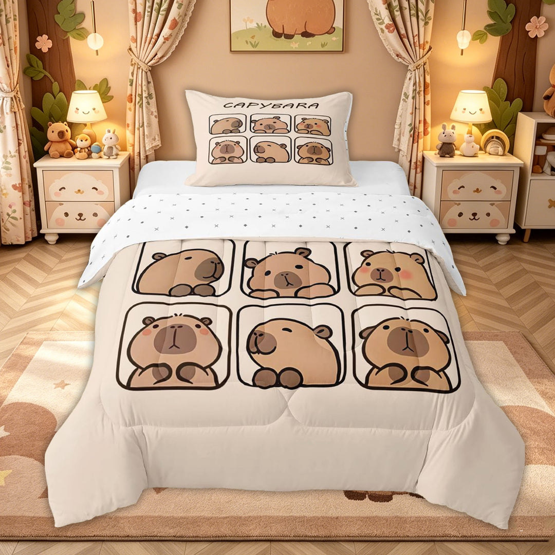 meiyoeat Cute Capybara Animal Full Size Comforter Sets for Kids Girls, Kawaii Cartoon Style Bedding Comforter Set, Beige, Reversible, 3-Piece