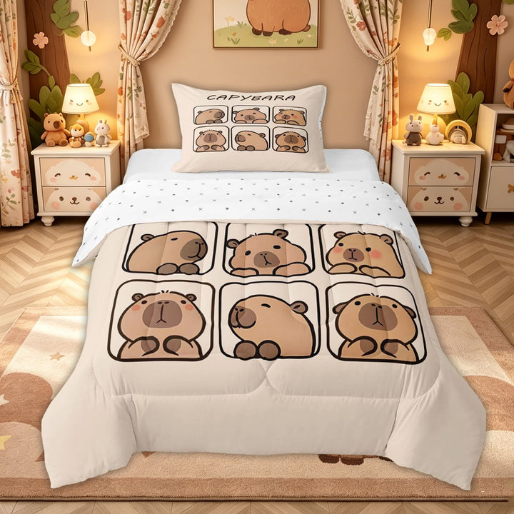 meiyoeat Cute Capybara Animal Full Size Comforter Sets for Kids Girls, Kawaii Cartoon Style Bedding Comforter Set, Beige, Reversible, 3-Piece