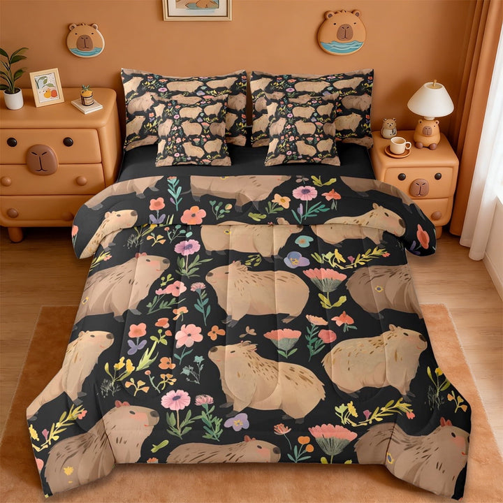 Erosebridal Capybara 7-Piece Twin Bedding Sets,Rustic Plant Pink Flowers Bedding Comforter Set For Girls Kids ,Reversible Black