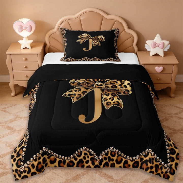 Erosebridal Women Cheetah Printed Twin Comforter Sets,Brown Leopard Bow-Tie Monogrammed J Bedding Set For Girls Kids,Reversible black,2 Pieces