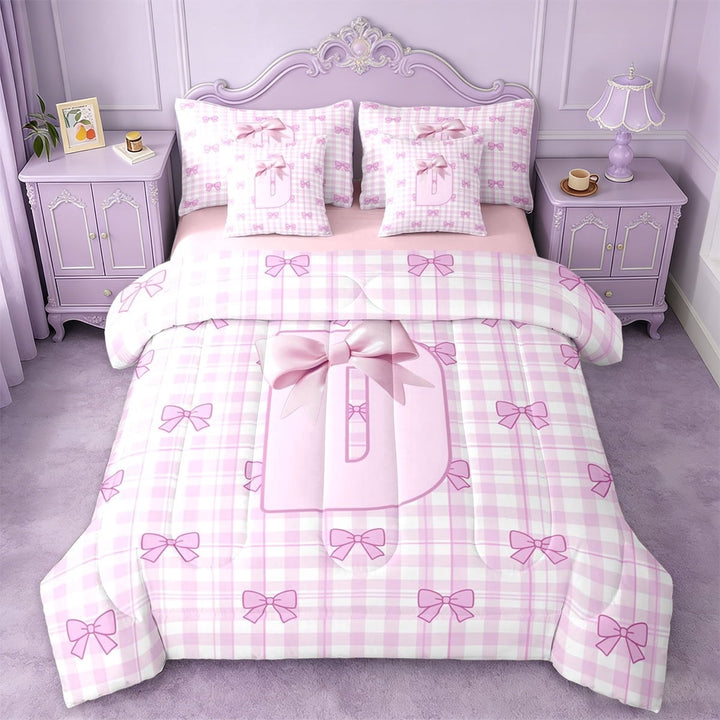 Erosebridal Kids Coquette Bow 7-Piece Twin Bedding Sets For Girls,Pink Letter D Personalized Initial Bedding Comforter Set,Pink Reversible