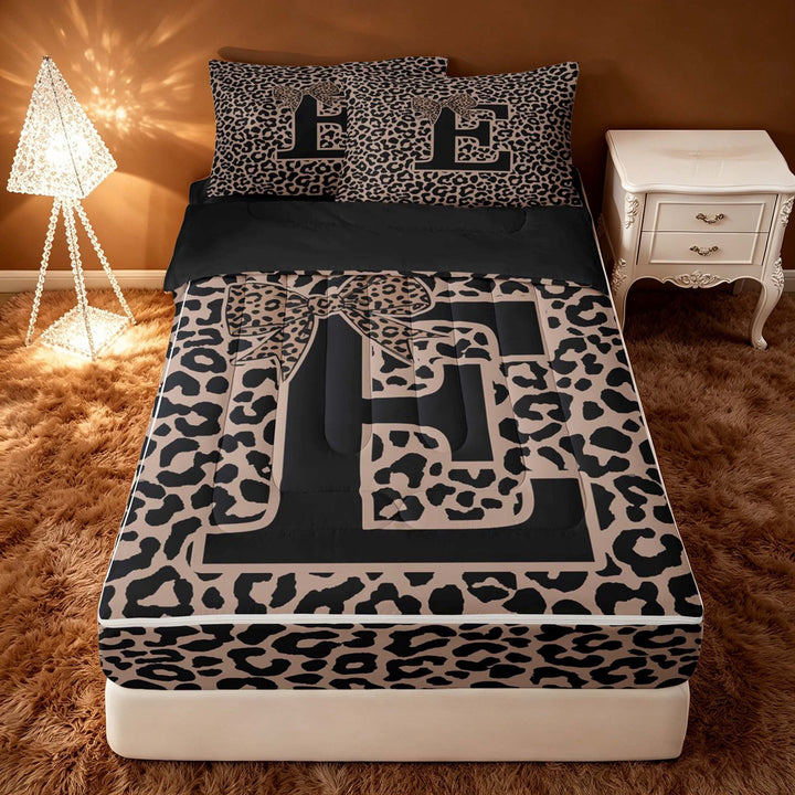 meiyoeat Leopard Print Bow Letter E Zipper Twin Comforter Sets with Fitted Sheet and 2 Pillowcases, Women Teens, Brown Animal Print Zipper Bedding Set, Black Reversible