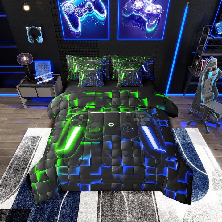 7pcs Gamer Twin Bedding Sets, Black Reversible Comforter, Top Sheet, Fitted Sheet, Pillowcases, Throw Pillow Covers