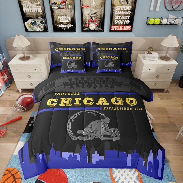 Football Bed in a Bag Full 7 Piece,Sports Bedding Sets,American Football Fans Bed Set Rugby Player Blue Black Comforter Set with Sheets Football Lovers Sheets (Chicago)