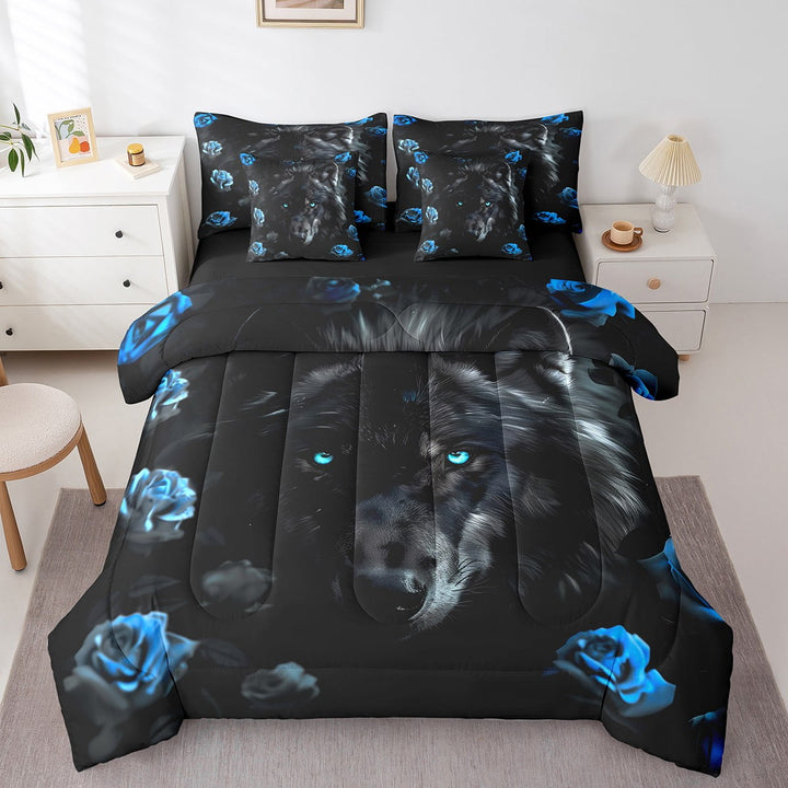 Black Wolf Bed in a Bag King Size Comforter Set 7 Pieces,Blue Rose Bedding Sets Romantic Flowers Fitted Sheet,Wild Woodland Animals Sheet Set with Comforter
