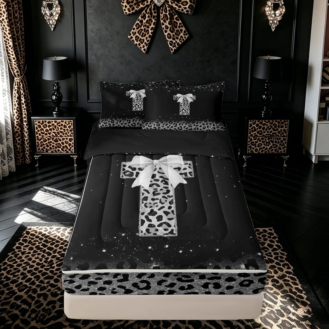 meiyoeat Glitter Leopard Print Letter T Zipper Comforter Set with Fitted Sheet and 2 Pillowcases for Women Girls, Bow Initial Zipper Bedding Set for Party, Black Silver, Black Reversible, 3pcs