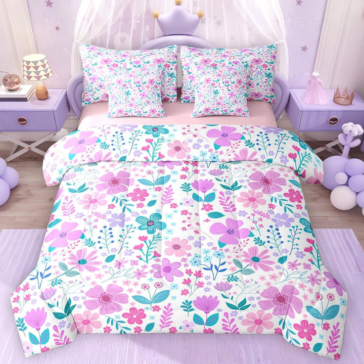 Erosebridal Watercolor Purple Flower Twin Bedding Sets, Groovy Floral Bedding Comforter Set for Girls, Pink Reversible, 7-Piece