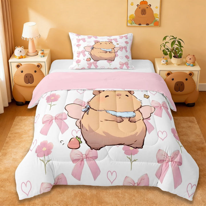 Erosebridal Capybara Lover Twin Comforter Sets For Kids,Cartoon Rodent Animals Capybara Bedding Set For Girls Boys ,Reversible Pink 2 Pieces
