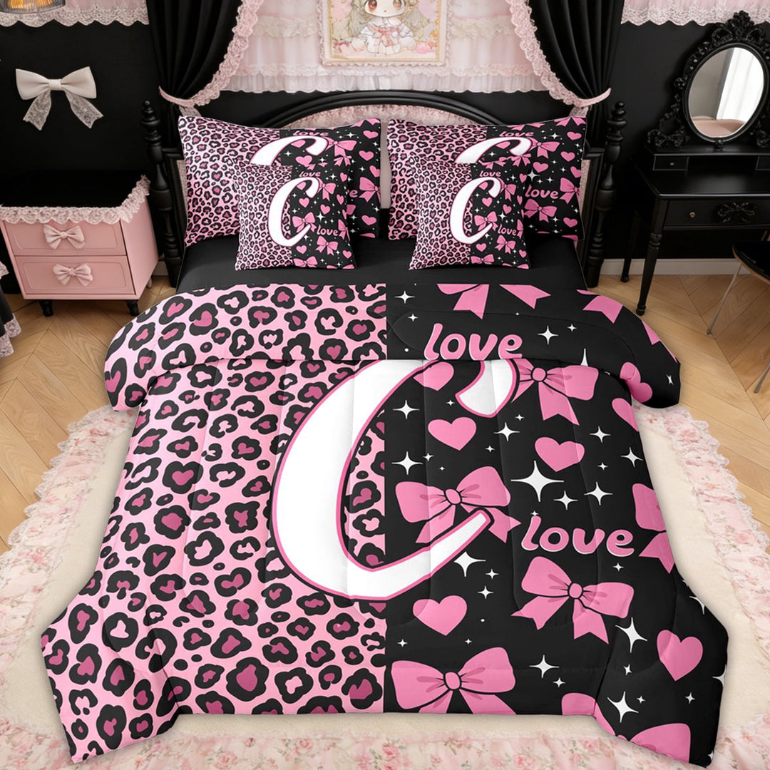 Erosebridal Leopard Print Letter C Twin Bedding Sets for Girls, Pink Initial Ribbon Bedding Comforter Set, Black Reversible, 7 Pieces