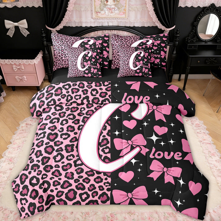 Erosebridal Leopard Print Letter C Twin Bedding Sets for Girls, Pink Initial Ribbon Bedding Comforter Set, Black Reversible, 7 Pieces