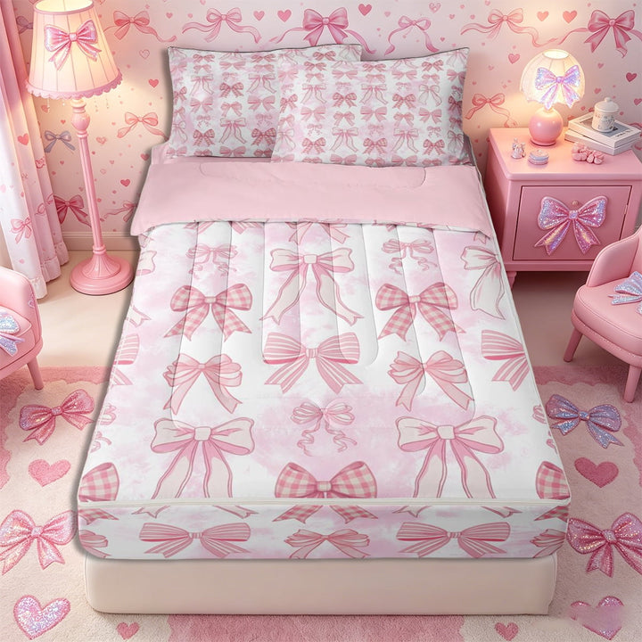 Meiyoeat Cute Bow Print Zipper Full Size Comforter Sets with Fitted Sheet and 2 Pillowcases, Watercolor Gingham Pattern Zipper Bedding Set, Pink White,4pcs,Pink Reversible