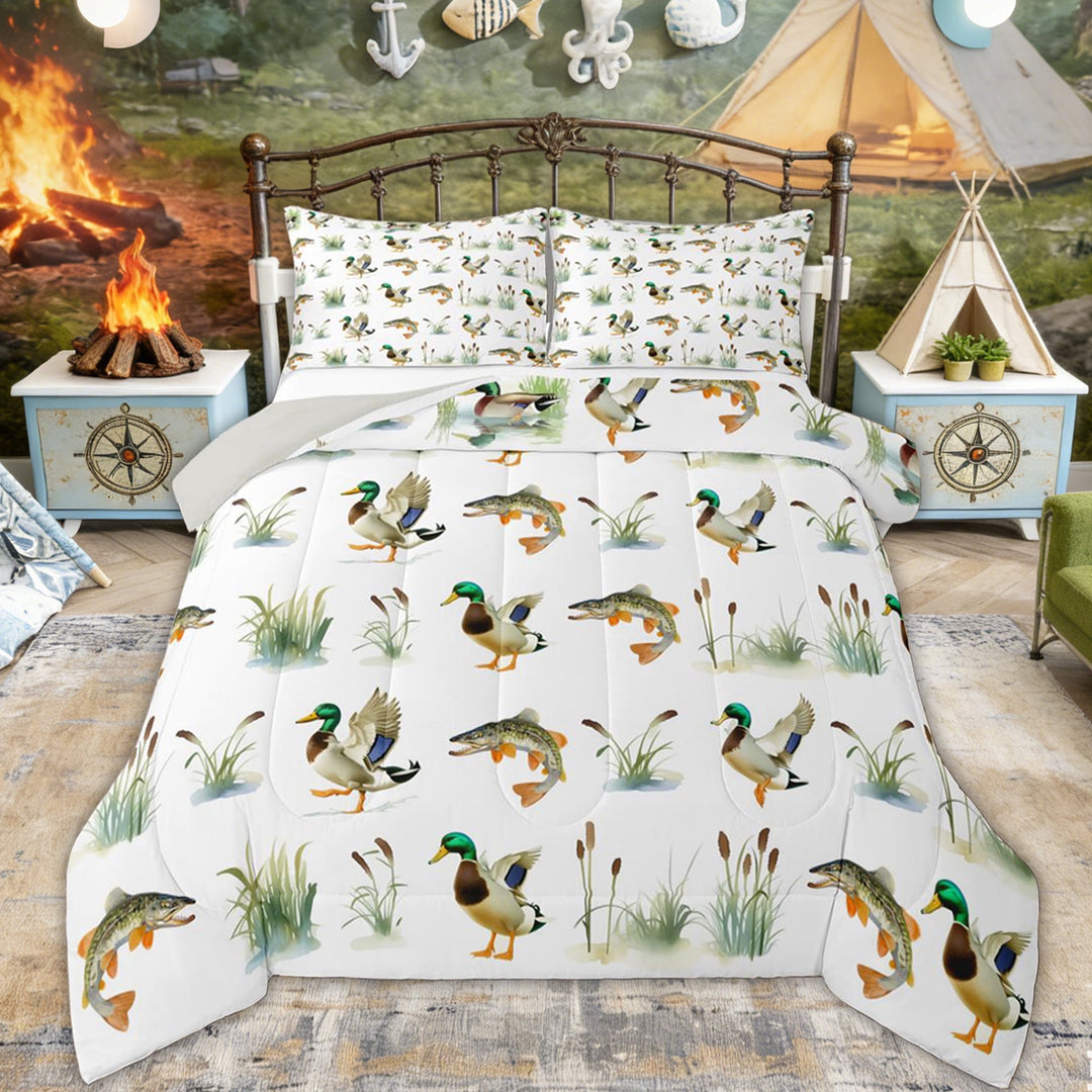 Erosebridal Rustic Duck Kids Full Size Comforter Sets, Cartoon Pike Fish Bedding Sets, Grey Reversible, 3pcs