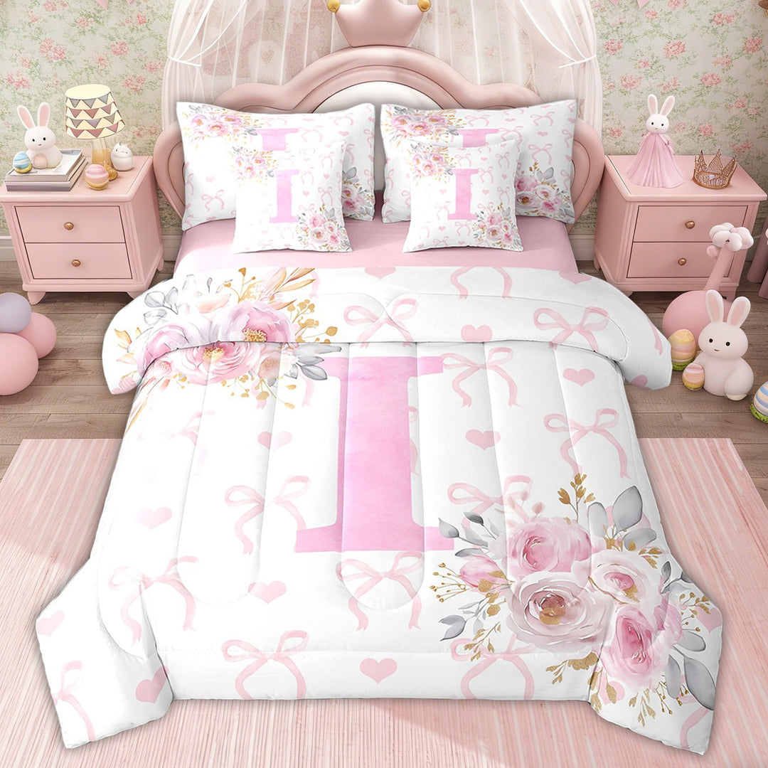 Erosebridal Dreamy Initial A-Z Bedding Twin Size for Girls, Initial Letter I Bed in a Bag Twin size, Pink Rose Decor, Pink Reversible 7pcs