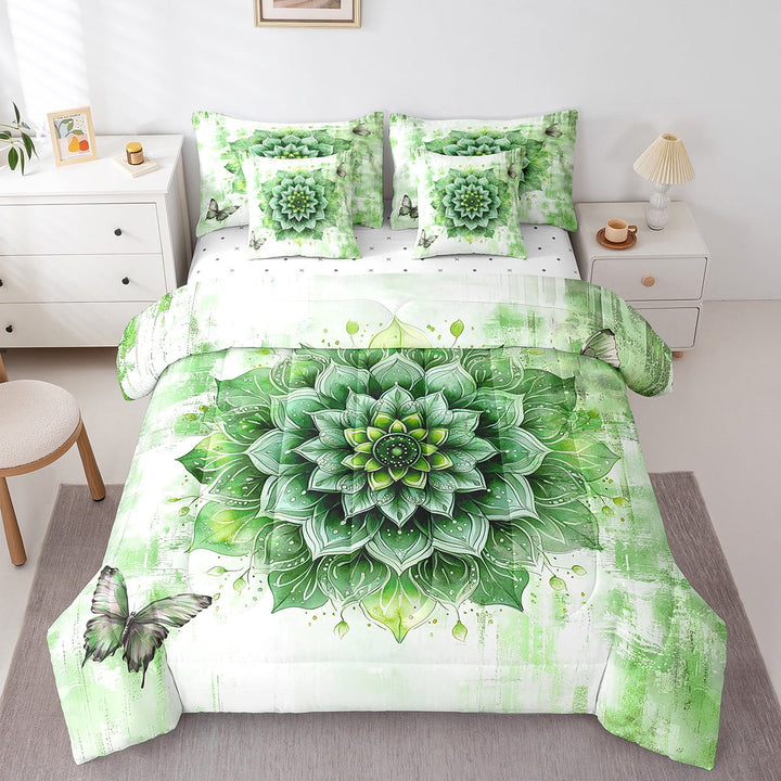 Chic Floral Queen Comforter Set 7 Pieces Women Mandala Flower Bedding Comforter Sets,Green Ombre Bed in a Bag Gradient Oil Painting Bedding Set,Vintage Watercolor Bed Sheets Set