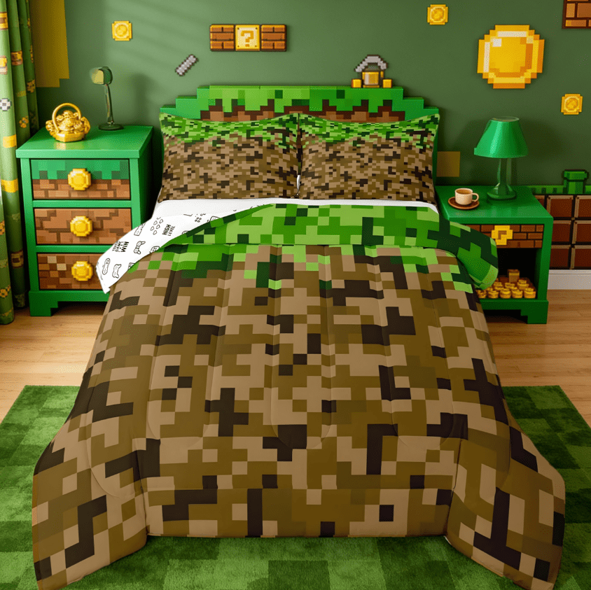 Manfei Miners Style Square Grid Full Size Comforter Sets,Cartoon Gamepad Pixelated Games Bedding Sets,Brown Green Reversible 3pcs