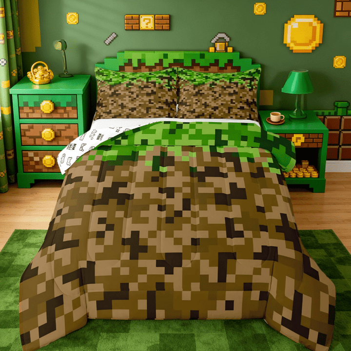 Manfei Miners Style Square Grid Full Size Comforter Sets,Cartoon Gamepad Pixelated Games Bedding Sets,Brown Green Reversible 3pcs