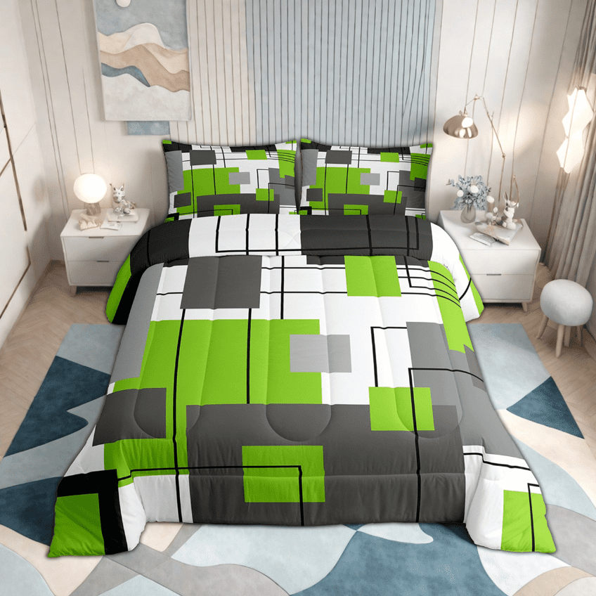 Lime Green Gray Geometric Bedding Set Queen Black Grey White Geometry Square Quilt Comforter Abstract Striped Comforter Set Simple Lines Duvet Set Modern Room Decor 2 Pillow Cases