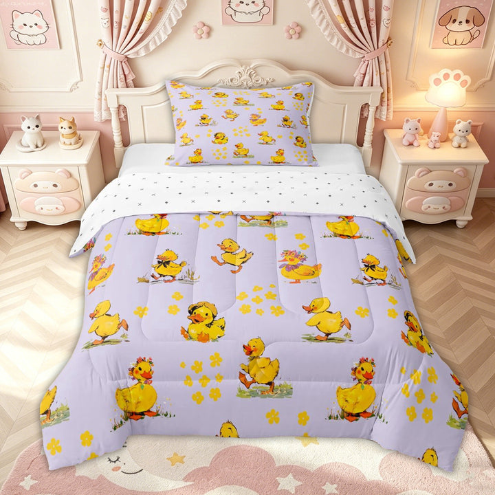 meiyoeat Adorable Duck Full Size Comforter Sets for Kids Girls, Watercolor Floral Bedding Comforter Set for Bedroom, Purple, Reversible, 3pcs