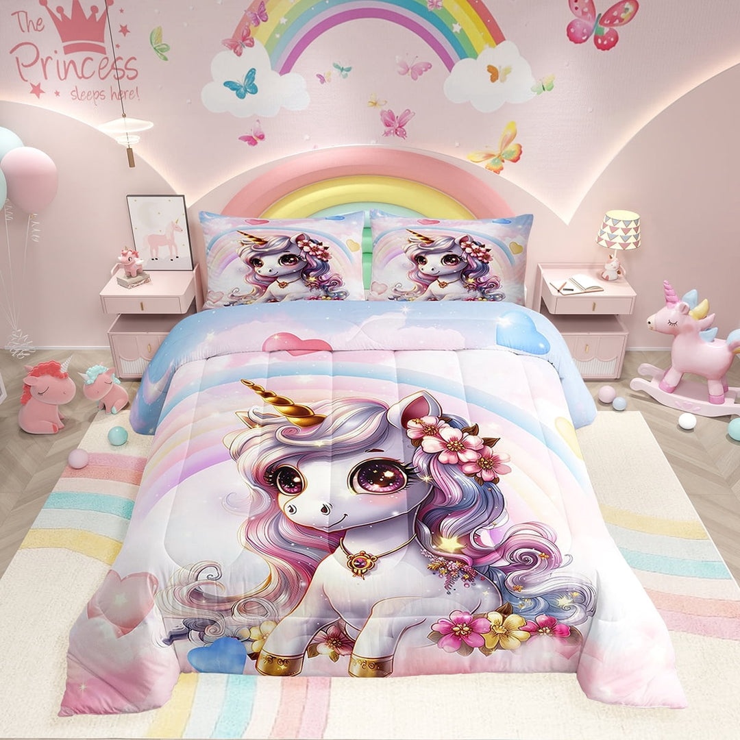 Pink Unicorn Twin Bedding Sets , Rainbow Unicorn Comforter 2 Pcs Kawaii Rainbow Reversible Stars Bed Sets Teens Unicorn Room Decor All Season