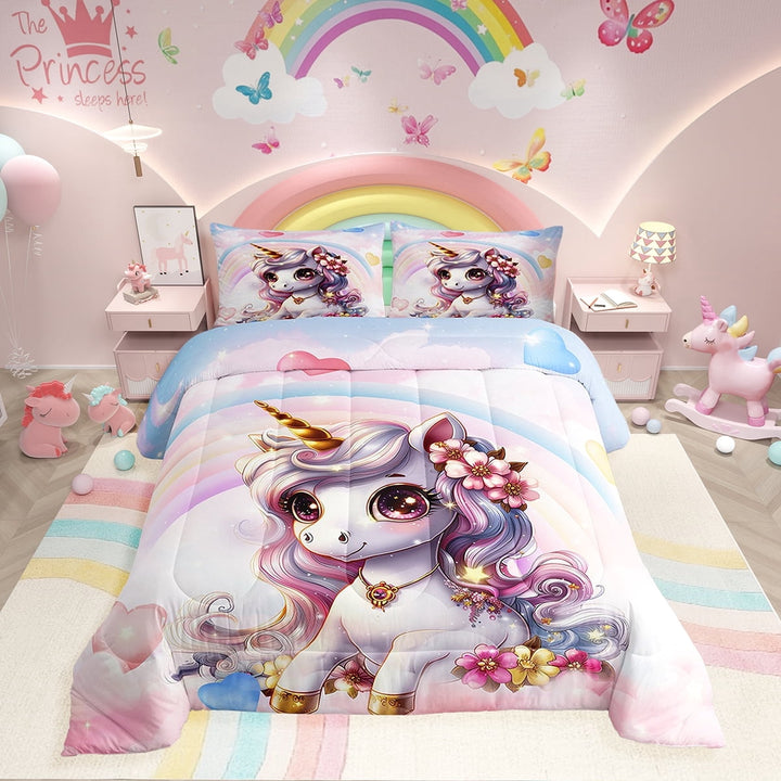 Pink Unicorn Twin Bedding Sets , Rainbow Unicorn Comforter 2 Pcs Kawaii Rainbow Reversible Stars Bed Sets Teens Unicorn Room Decor All Season