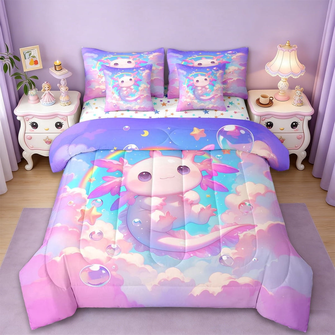 Erosebridal Cartoon Axolotl 7-Piece Twin Bedding Sets,Pink Cute Salamander Bedding Comforter Set For Girls Kids,Reversible