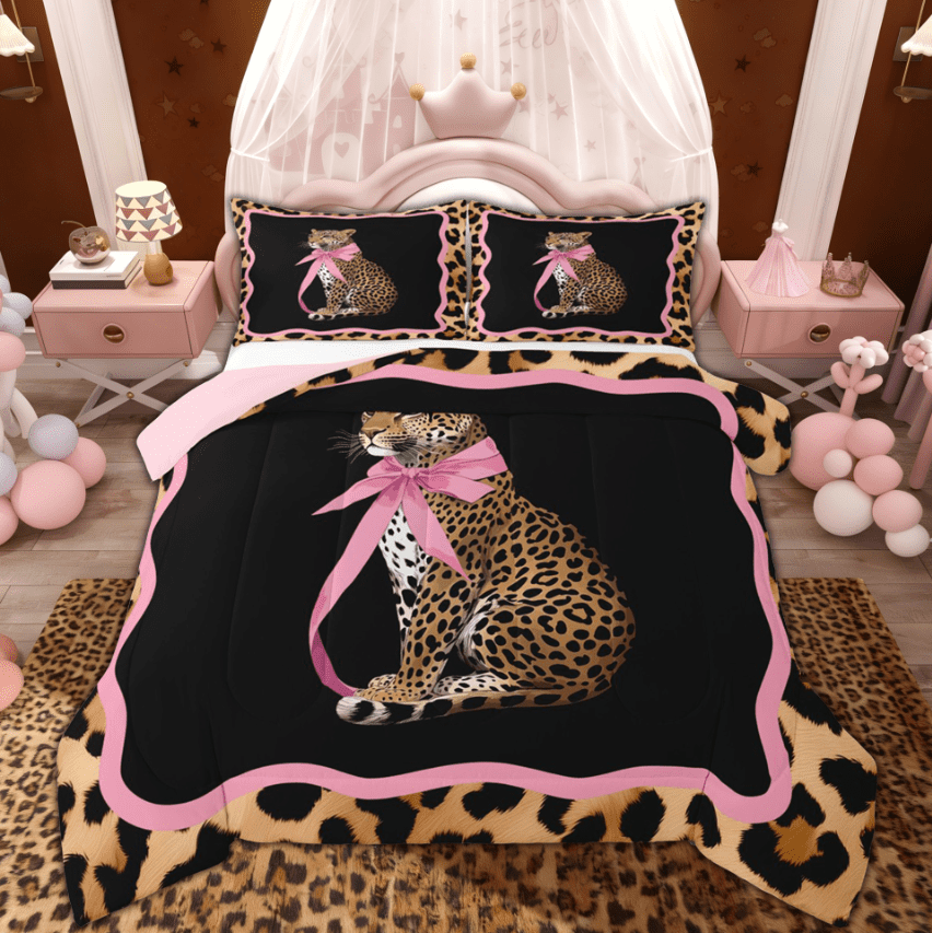 Manfei 3D Bowknot Leopard Wildlife Full Size Comforter Sets for Girl, Fashion Cheetah Print Bedding Comforter Set, Pink Reversibles, 3-Piece