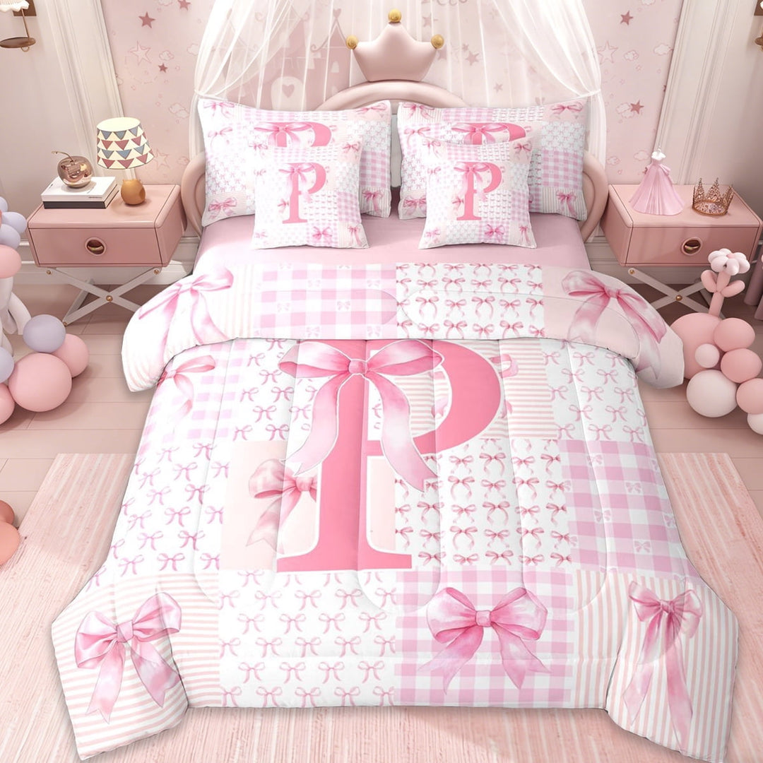 Erosebridal Bow Knot Initial Alphabet P 7-Piece Twin Bedding Sets,Pink Patchwork Geometric Plaid Bedding Comforter Set For Kids Girls,Pink Reversible