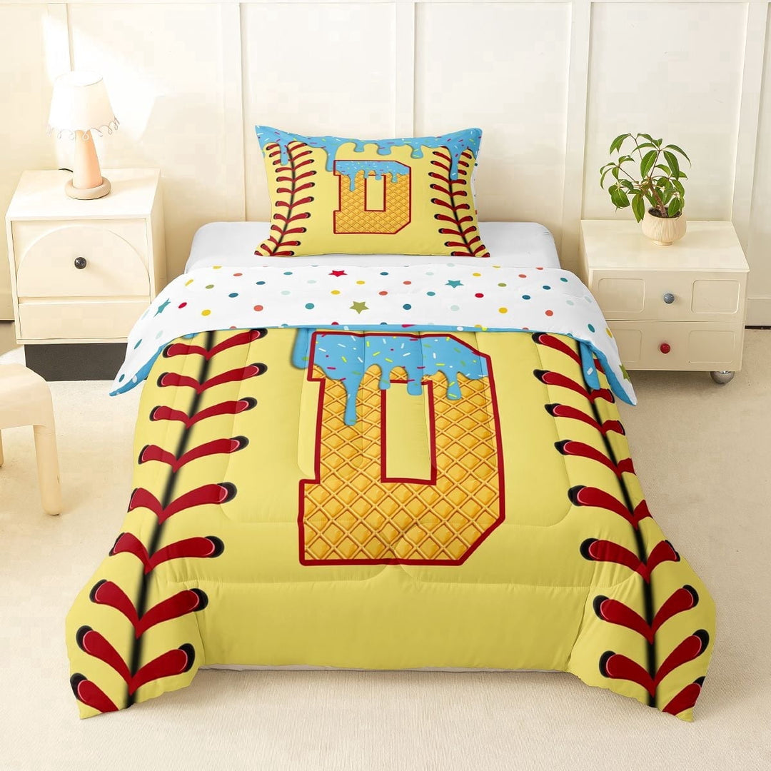 Erosebridal Light Blue Dripping Baseball Stitch &amp; Waffle Letter D Graphic Twin Comforter Sets 3-Piece, Alphabet Graphic Bedding Set for Boys And Girls Kids,Luxury Bedroom Decor