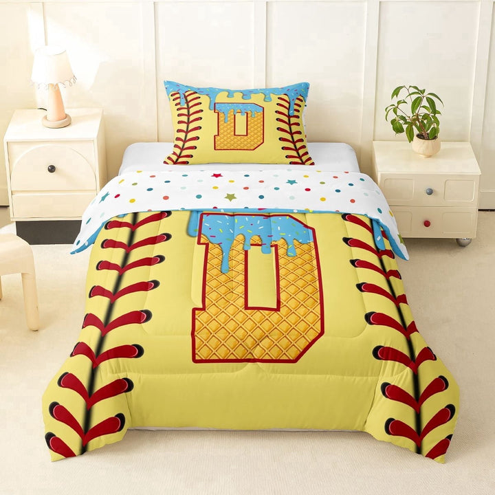 Erosebridal Light Blue Dripping Baseball Stitch &amp; Waffle Letter D Graphic Twin Comforter Sets 3-Piece, Alphabet Graphic Bedding Set for Boys And Girls Kids,Luxury Bedroom Decor