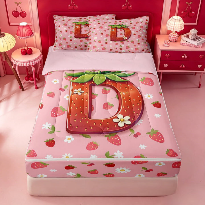 meiyoeat Sweet Fruit Initial D Zipper Twin Comforter Sets with Fitted Sheet and 2 Pillowcases,Strawberry Daisy Monogrammed Zipper Bedding Set For Girl,Pink Reversible,4-Piece