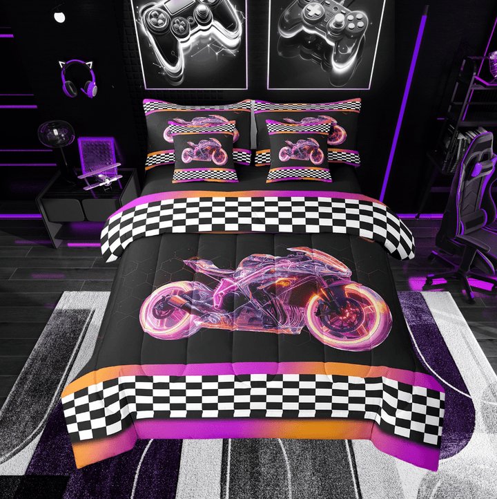 Erosebridal Dirt Bike Bedding Sets Twin Size for Teens, Black White Checkered Comforter Sets with Sheets, Geometric Decor, Reversible