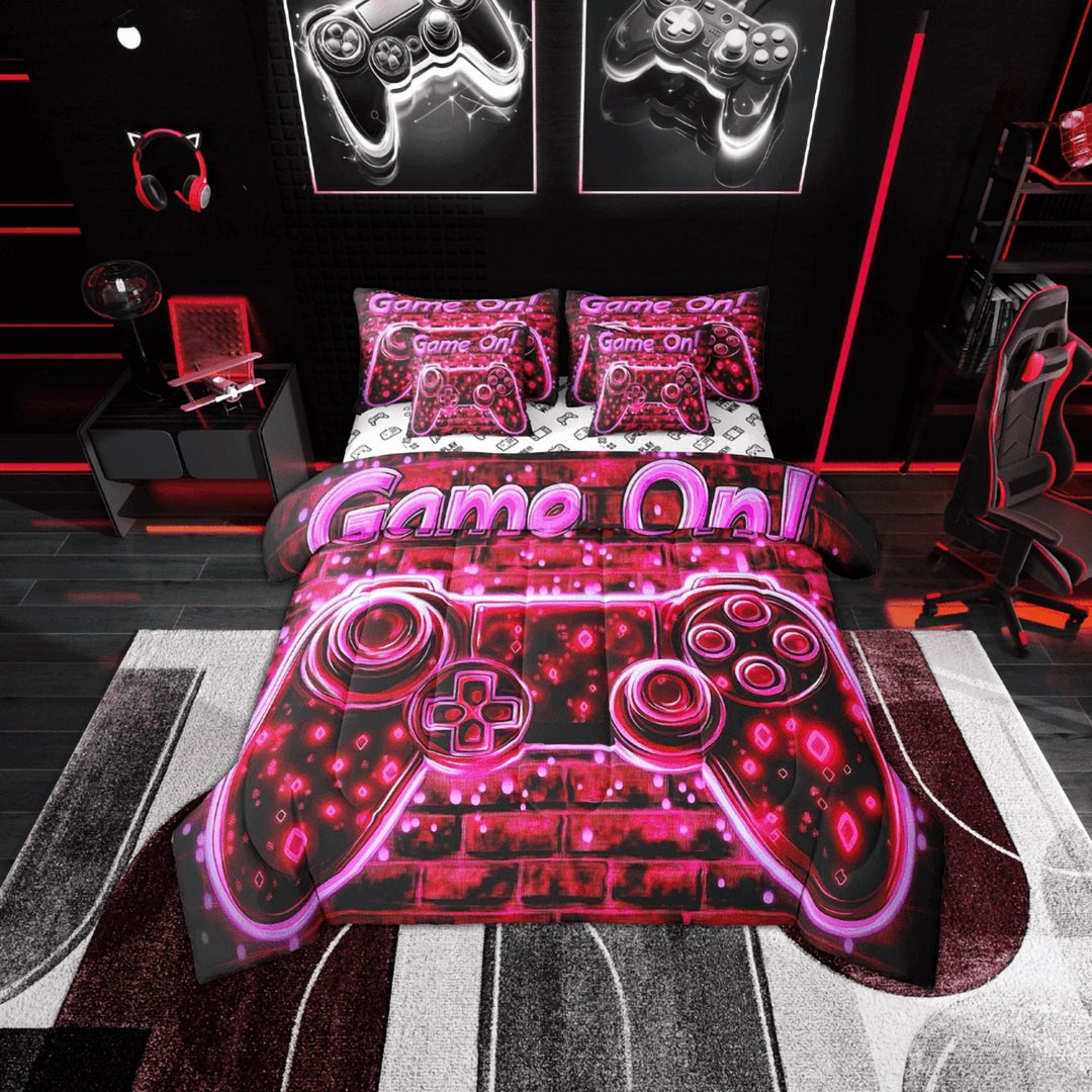 Red Pink Gaming Comforter Set 7 Pieces, Gamer Gamepad Teens Youth Bed Set,Cool Home Video Game Bedding Bed in a Bag,Twin (1 Comforter,2 Pillowcase,2 Pillow Covers,1 Flat Sheet,1 Fitted Sheet)