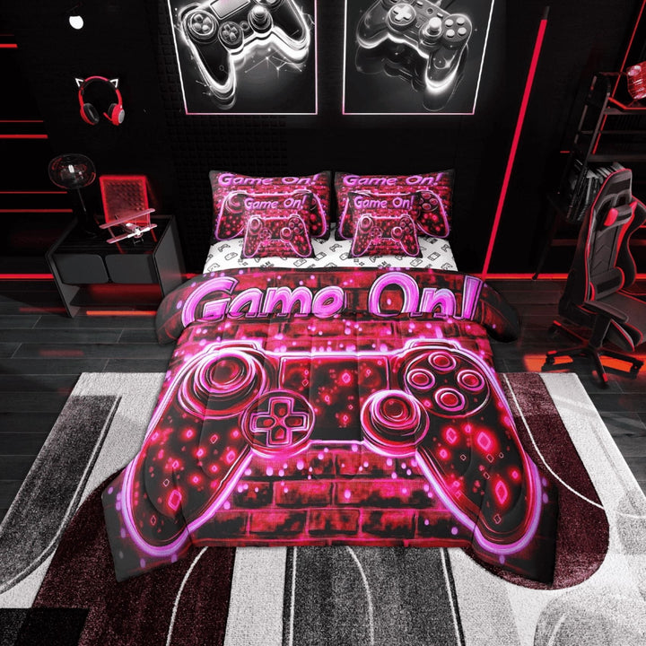 Red Pink Gaming Comforter Set 7 Pieces, Gamer Gamepad Teens Youth Bed Set,Cool Home Video Game Bedding Bed in a Bag,Twin (1 Comforter,2 Pillowcase,2 Pillow Covers,1 Flat Sheet,1 Fitted Sheet)