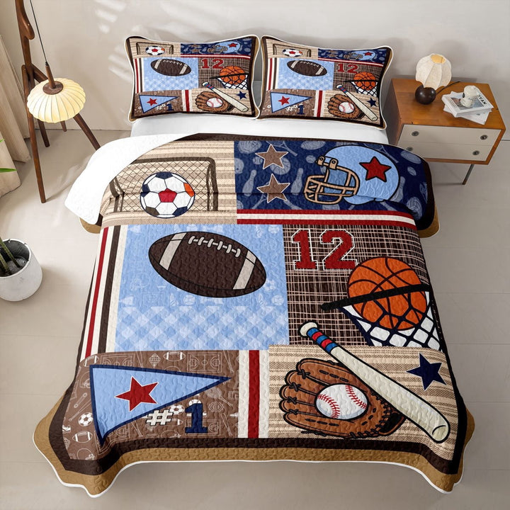 Erosebridal Vintage Sport Patchwork Quilt Full,Football Baseball Basketball Grid Full Bedspread Sets For Boys,3pcs